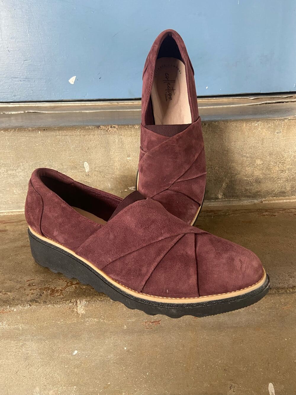 Clarks Sharon Form suede loafers in aubergine with pleated upper detail